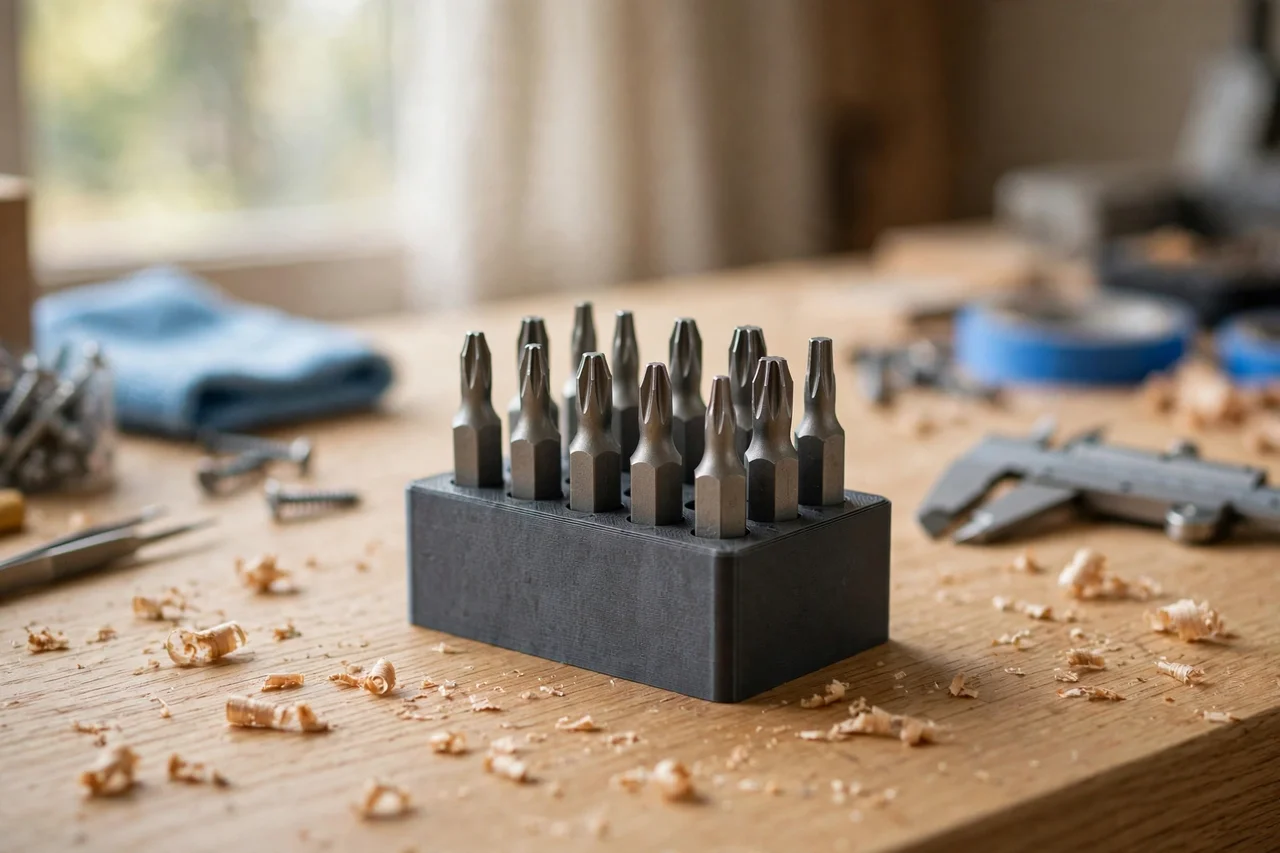 Home workshop scene on a light oak workbench, a matte charcoal-gray 3D printed torx bit storage block holding torx bits, soft natural window light, shallow depth of field