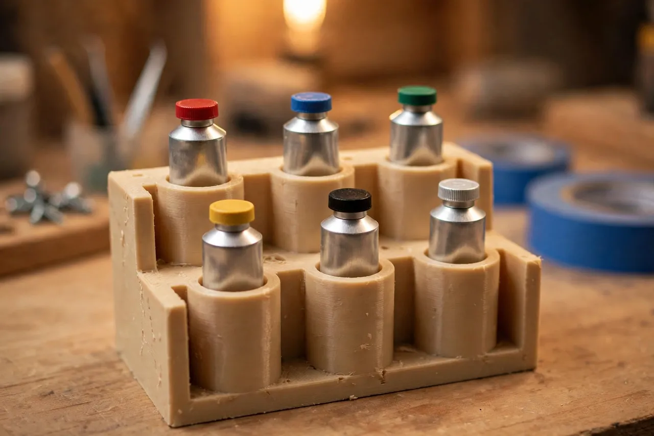 Close-up view of a 3D printed touch-up paint tube rack with labeled slots, each holding a small paint tube cap-up, warm workshop lighting