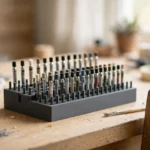 A bright home workshop scene on a light oak workbench