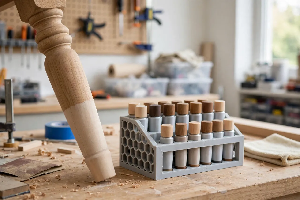 A freshly touched-up wooden furniture leg beside a 3D printed touch-up paint tube rack on a workbench, bright clean home workshop