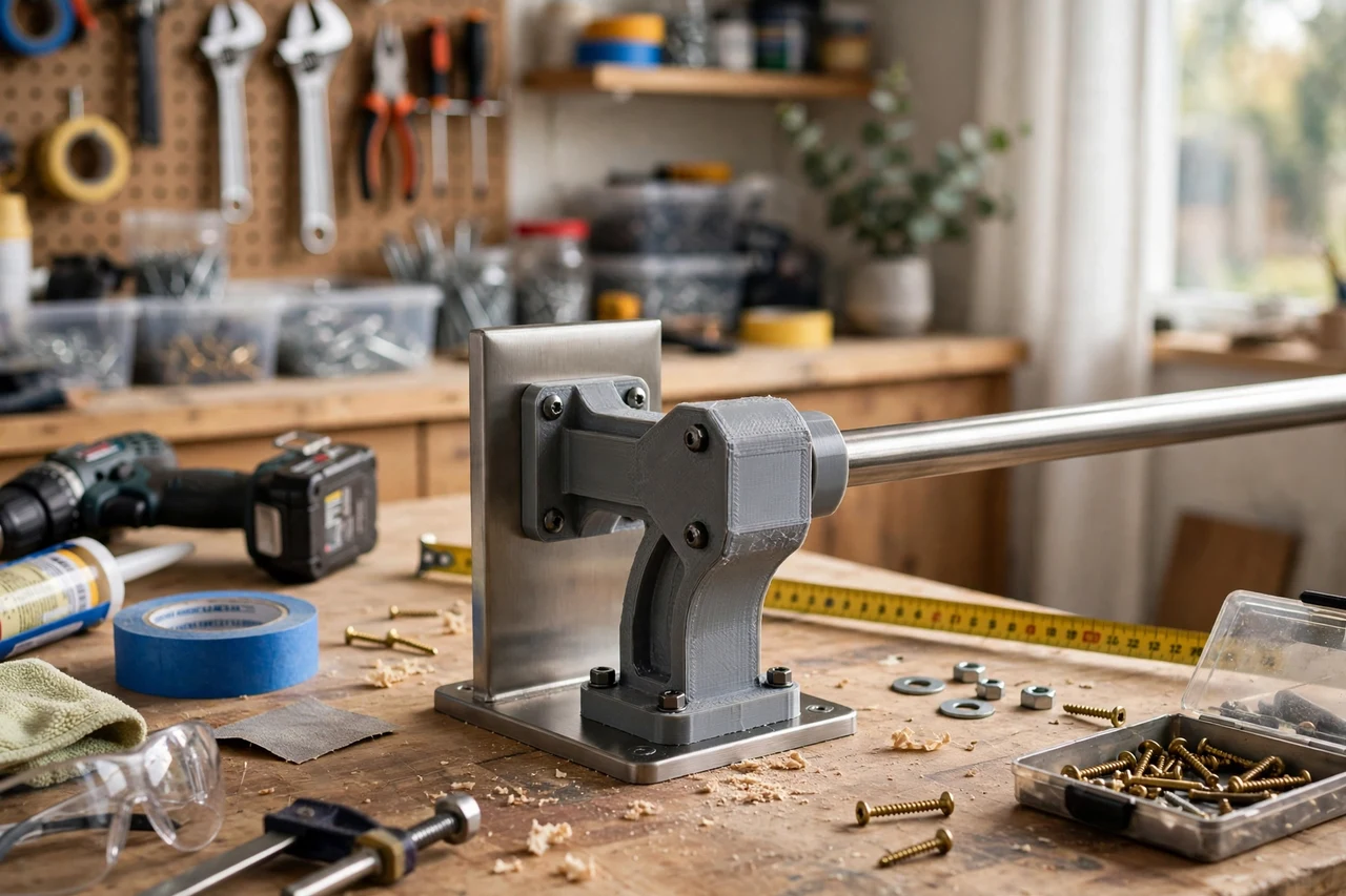 View of the finished 3D printed towel bar bracket adapter in use on a home repair project on a workbench, tidy workshop background in soft focus, bright natural light