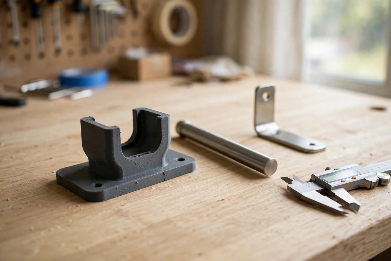 Home workshop scene on a light oak workbench, a matte charcoal-gray 3D printed towel bar bracket adapter beside a towel bar and a wall bracket and a pair of calipers, soft natural window light, shallow depth of field