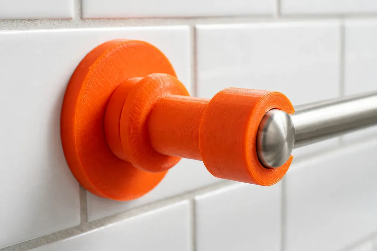 Close-up of a bright-orange 3D printed towel bar bracket on a bathroom wall showing the round socket gripping the end of a metal towel bar