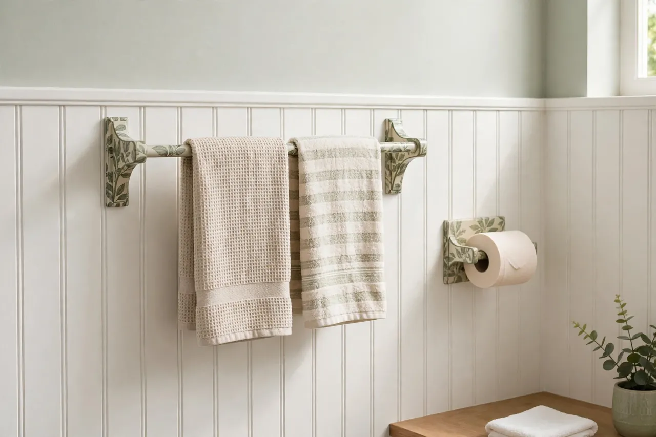 A finished bathroom wall with a restored towel bar on matching printed brackets holding two towels
