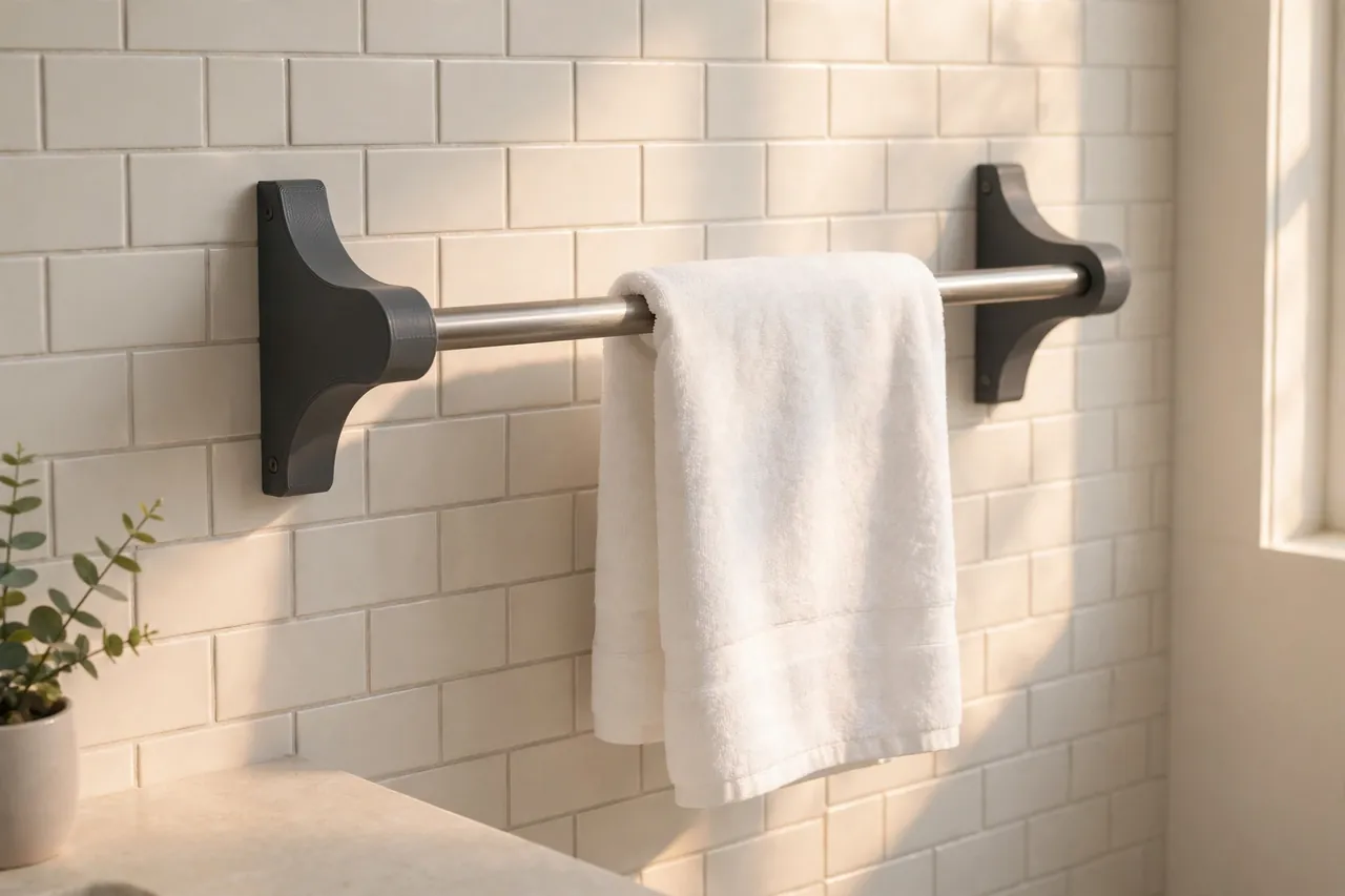 A bright clean bathroom scene with matte charcoal-gray 3D printed towel bar brackets mounted on pale tiled walls holding a brushed metal towel bar