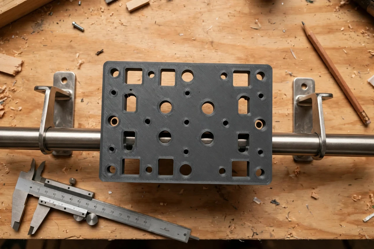Close-up top-down view of a matte charcoal-gray 3D printed towel bar mounting template being test-fitted against a towel bar and its mounting brackets on a workbench, calipers and a pencil nearby, warm workshop lighting