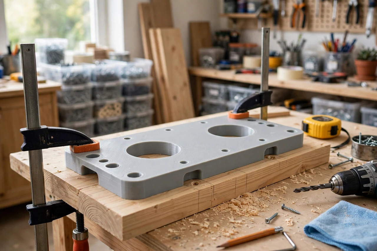 View of the finished 3D printed towel bar mounting template in use on a home improvement project on a workbench, tidy workshop background in soft focus, bright natural light