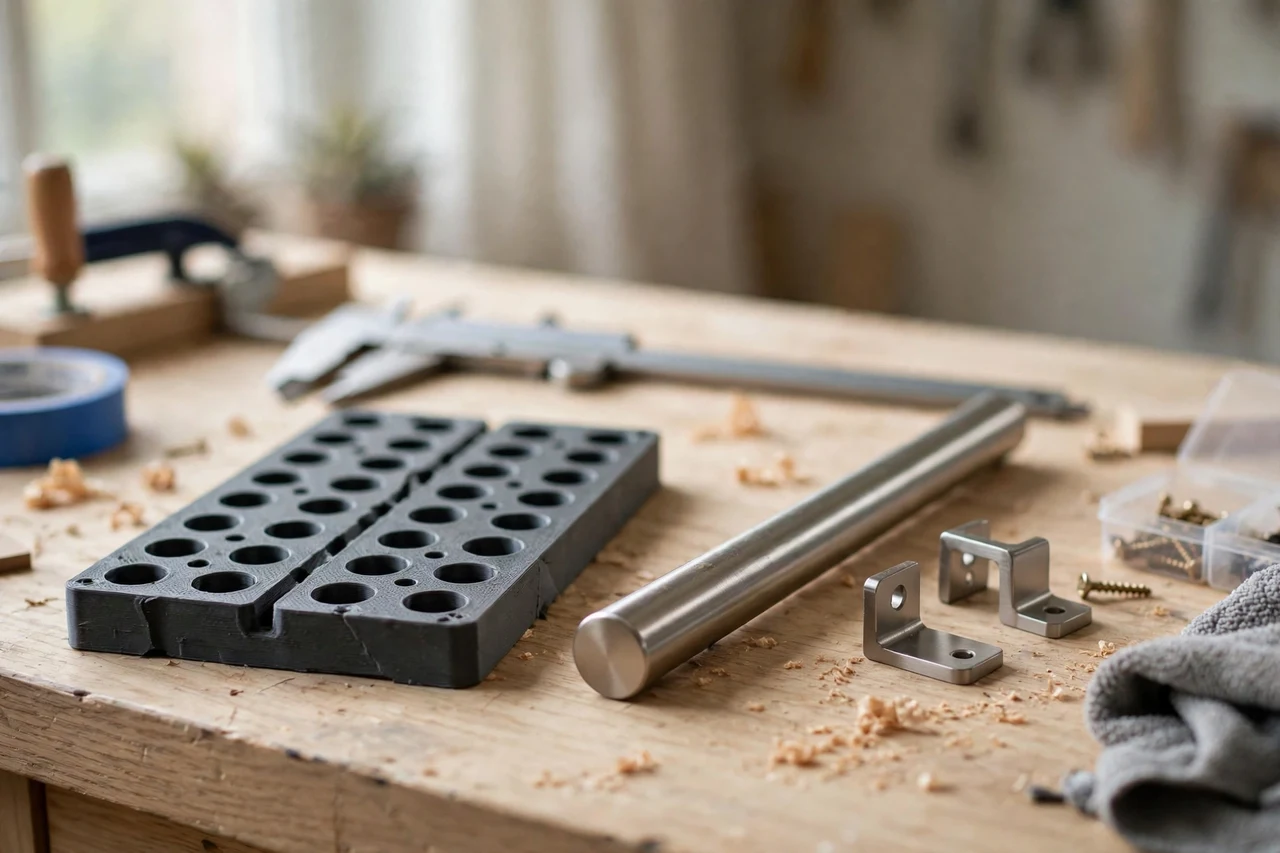 Home workshop scene on a light oak workbench, a matte charcoal-gray 3D printed towel bar mounting template beside a towel bar and mounting brackets, soft natural window light, shallow depth of field