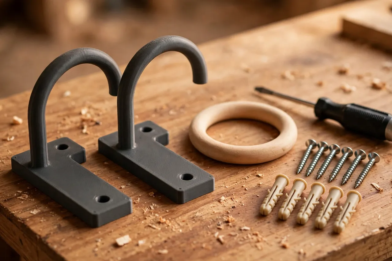 Close-up view on a workbench of two 3D printed towel ring brackets in charcoal gray beside a wooden dowel ring, a small screwdriver