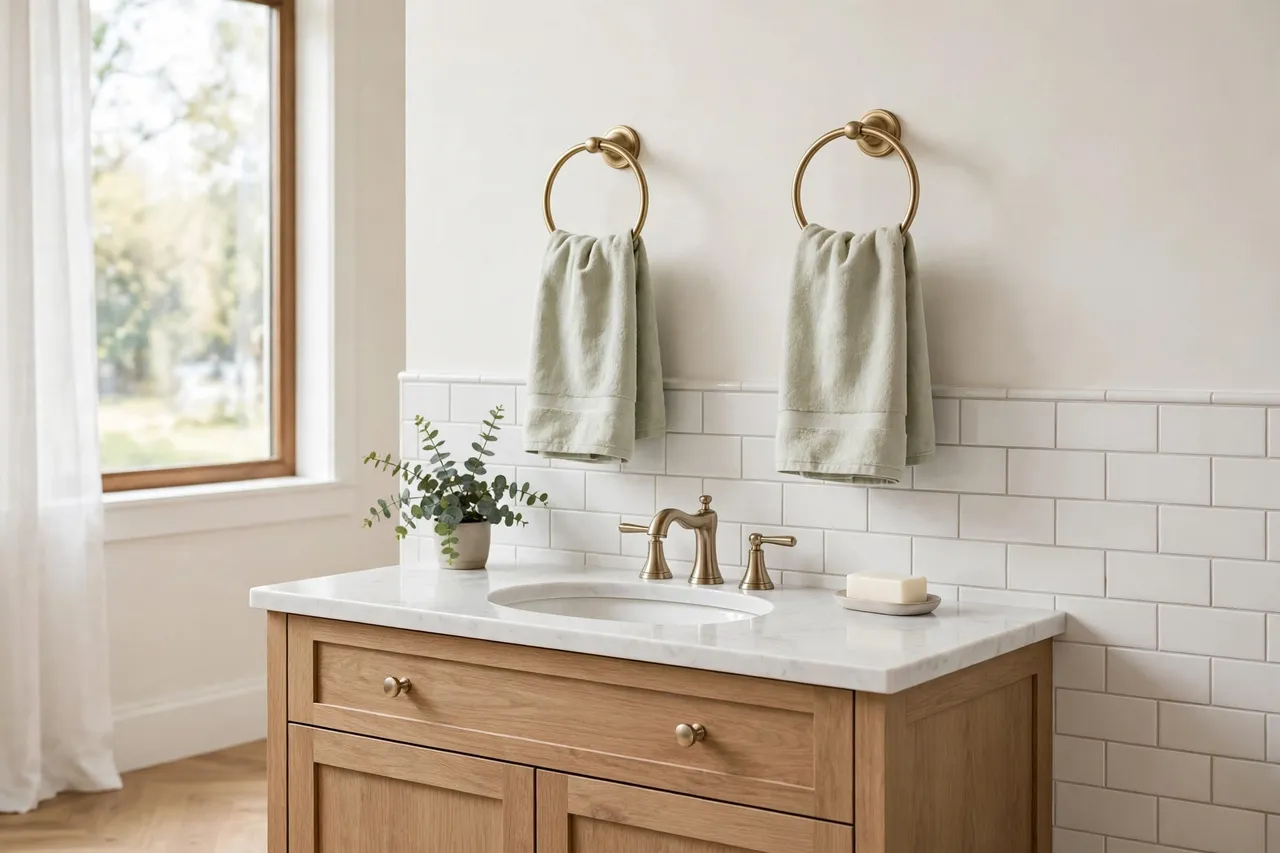 A finished bathroom wall with two matching towel ring brackets holding rings with folded towels, a clean vanity below, bright airy interior