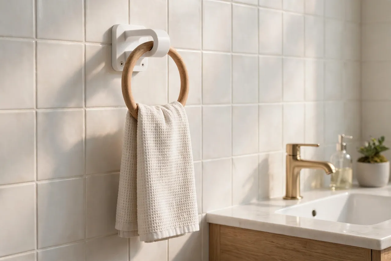A bright modern bathroom scene, a matte white 3D printed towel ring bracket mounted on a pale tiled wall beside a sink