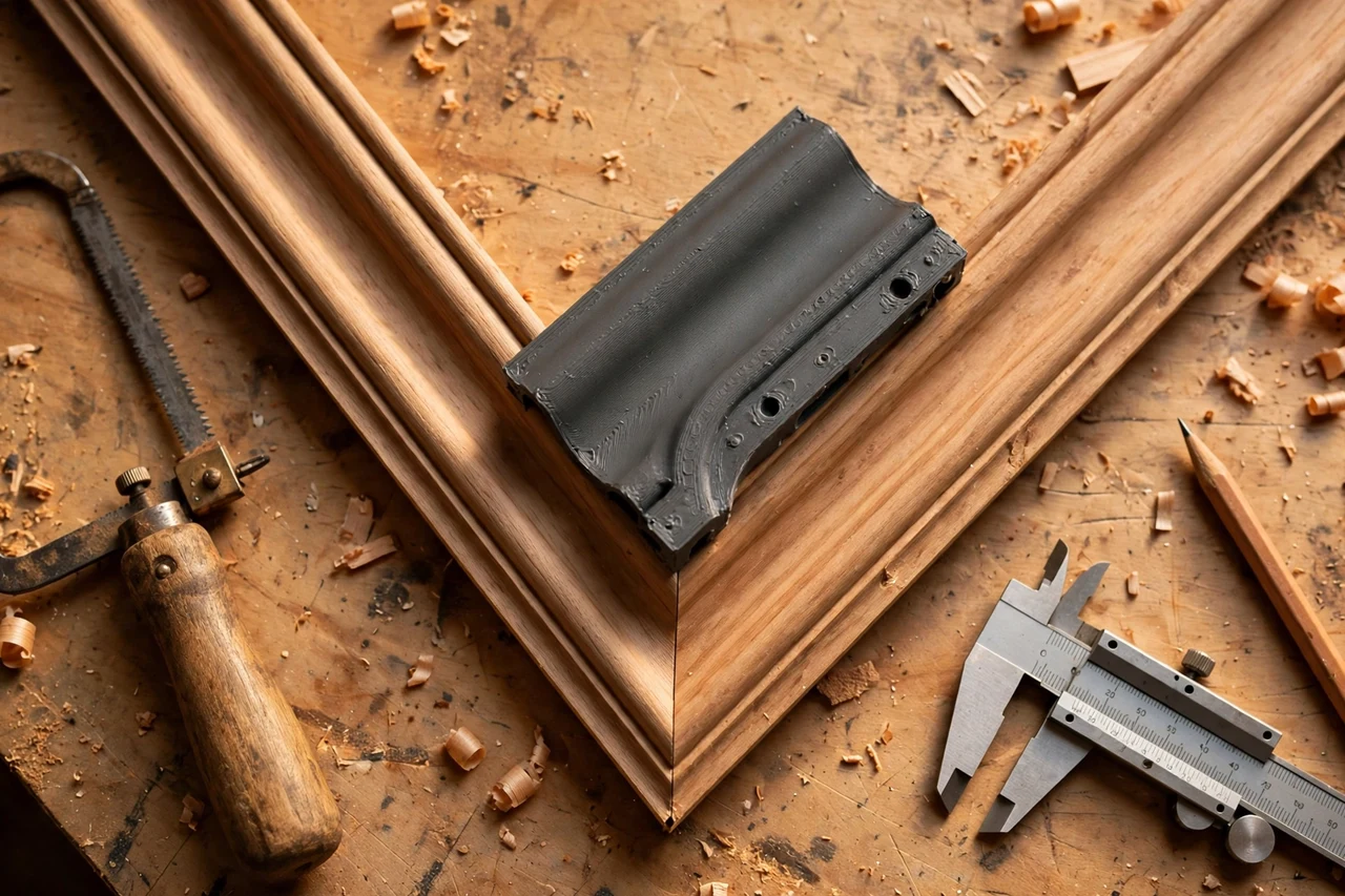 Close-up top-down view of a matte charcoal-gray 3D printed trim coping marking template being test-fitted against trim boards and a coping saw on a workbench, calipers and a pencil nearby, warm workshop lighting