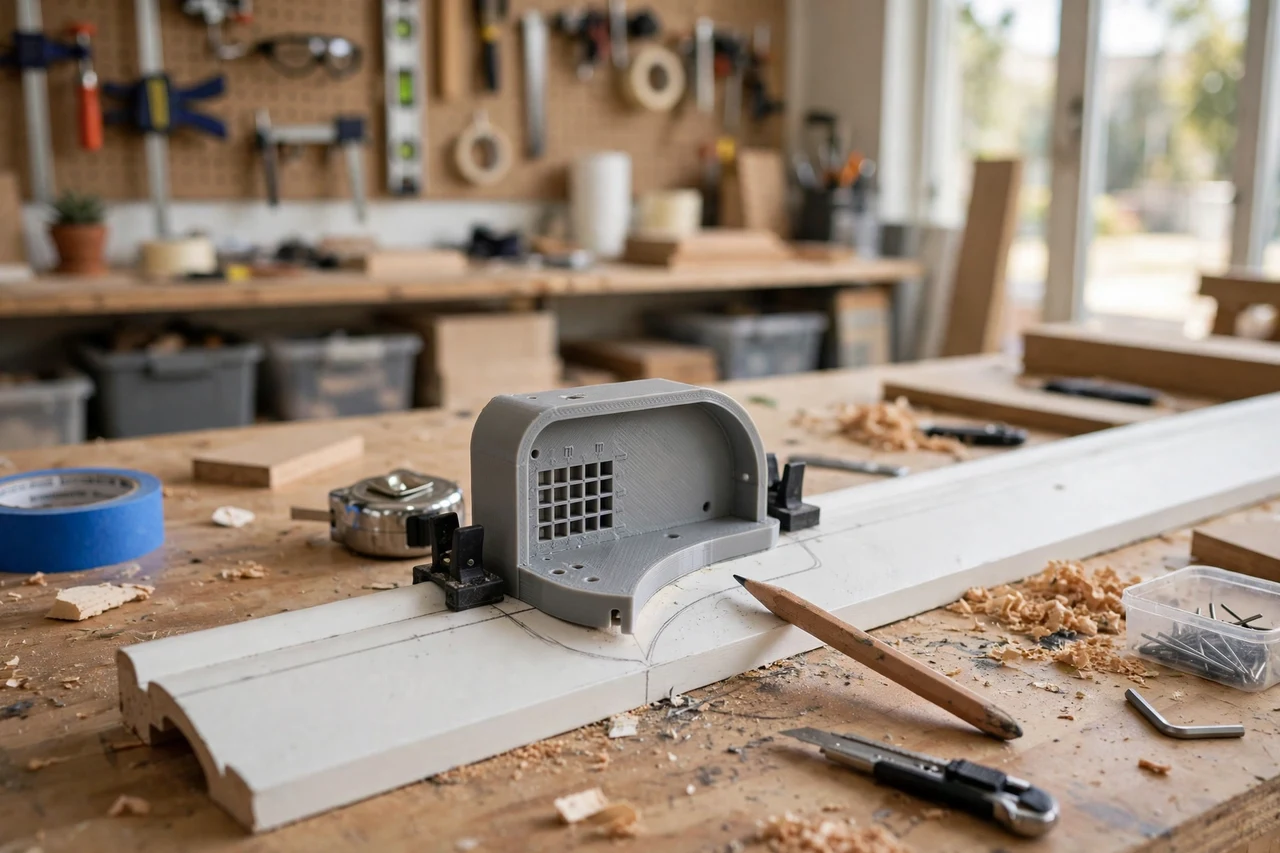 View of the finished 3D printed trim coping marking template in use on a home improvement project on a workbench, tidy workshop background in soft focus, bright natural light