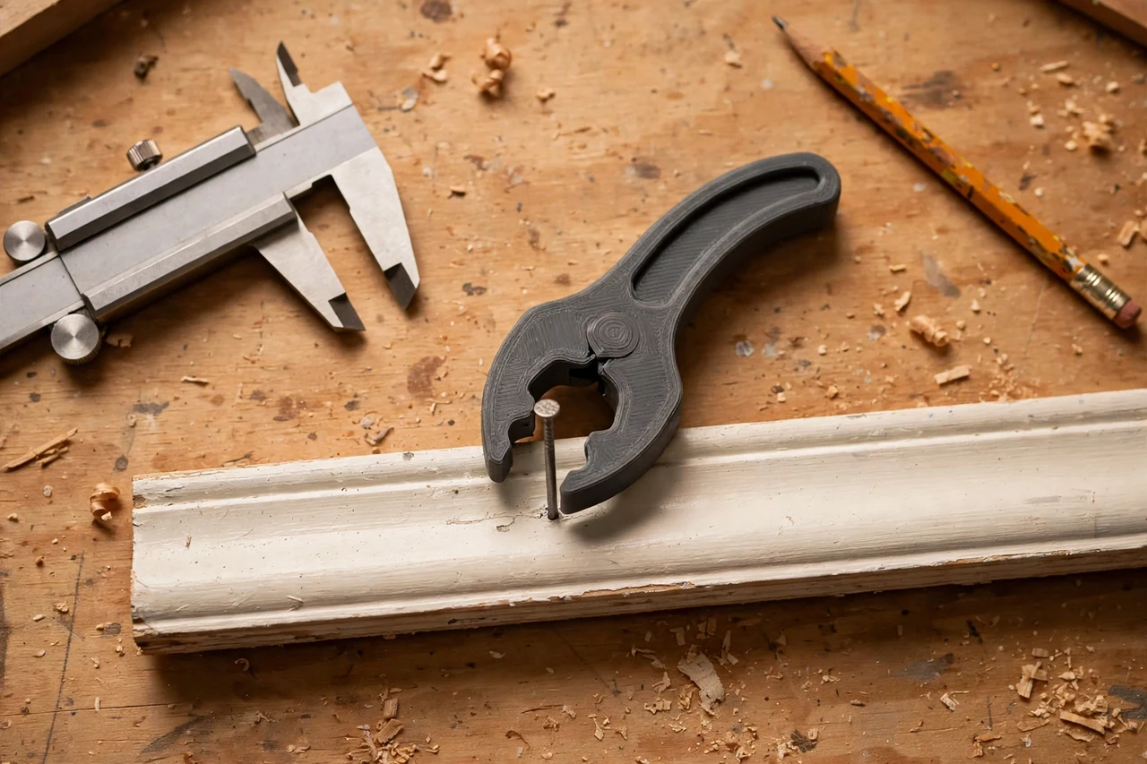 Close-up top-down view of a matte charcoal-gray 3D printed trim nail claw puller being test-fitted against a brad left behind in painted trim on a workbench, calipers and a pencil nearby, warm workshop lighting
