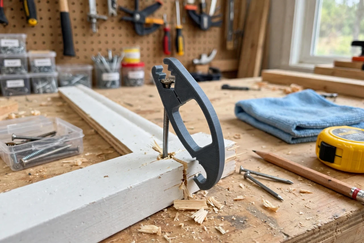 View of the finished 3D printed trim nail claw puller in use on a home repair project on a workbench, tidy workshop background in soft focus, bright natural light