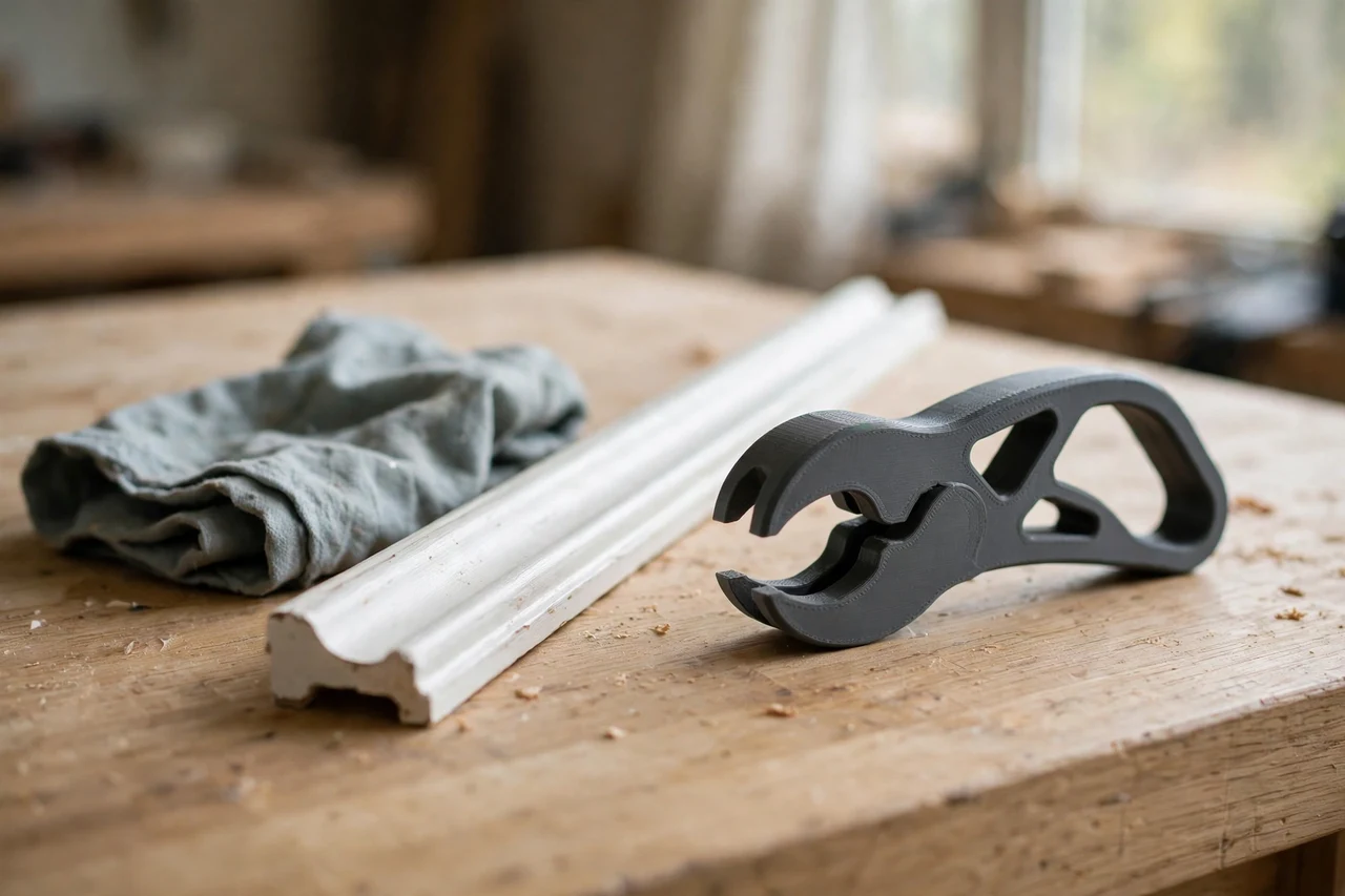 Home workshop scene on a light oak workbench, a matte charcoal-gray 3D printed trim nail claw puller beside a length of painted trim and a rag, soft natural window light, shallow depth of field