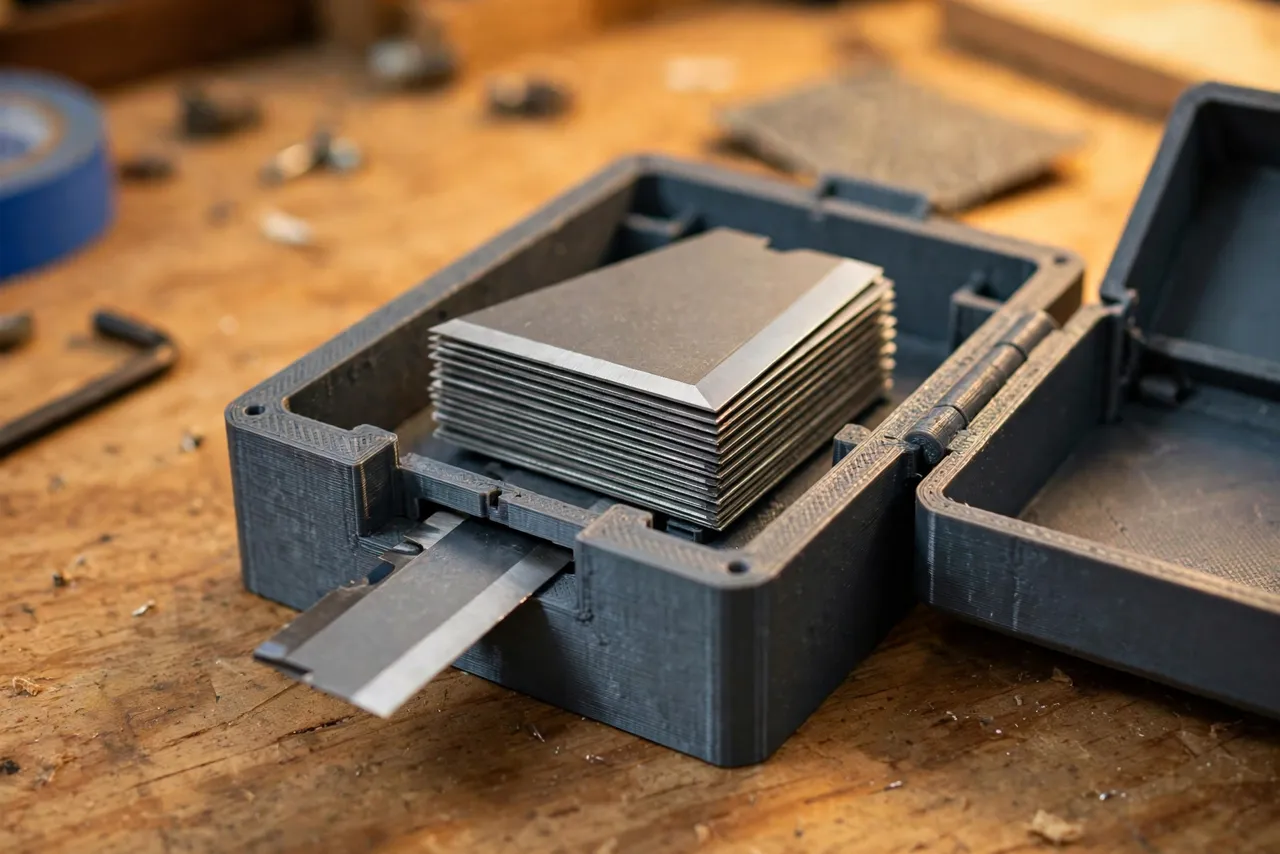 Close-up view of a 3D printed utility blade dispenser opened to show a neat stack of fresh trapezoidal steel blades inside