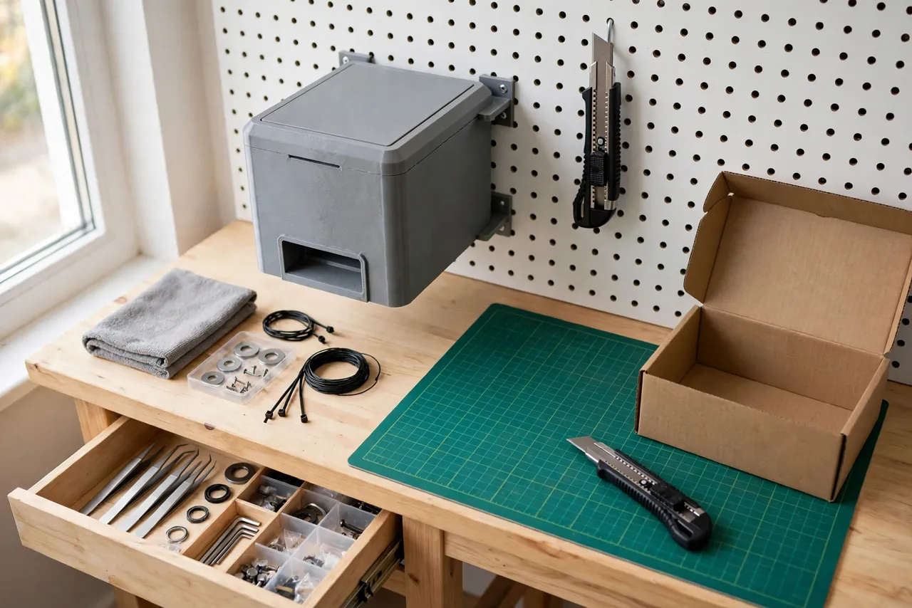 A tidy workshop drawer or bench area with the 3D printed blade dispenser mounted on a wall or pegboard beside a utility knife