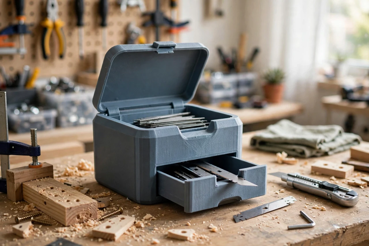 View of the finished 3D printed utility blade storage dispenser in use on a home repair project on a workbench, tidy workshop background in soft focus, bright natural light