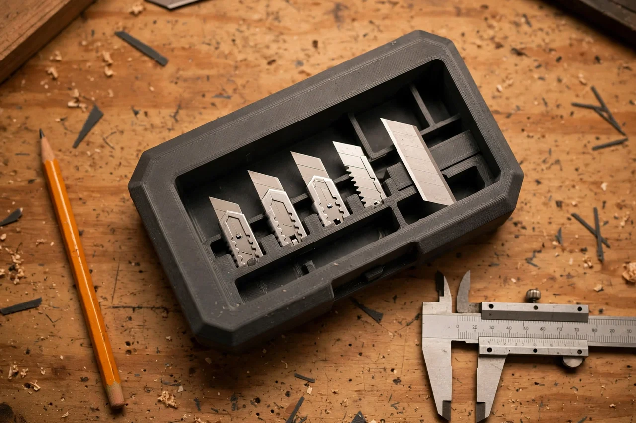 Close-up top-down view of a matte charcoal-gray 3D printed utility knife blade dispenser case being test-fitted with utility knife blades on a workbench, calipers and a pencil nearby, warm workshop lighting
