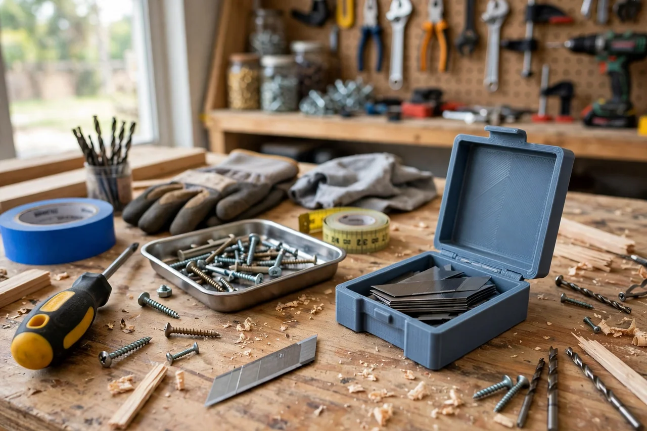 View of the finished 3D printed utility knife blade dispenser case in use during a home repair tidy-up on a workbench, tidy workshop background in soft focus, bright natural light