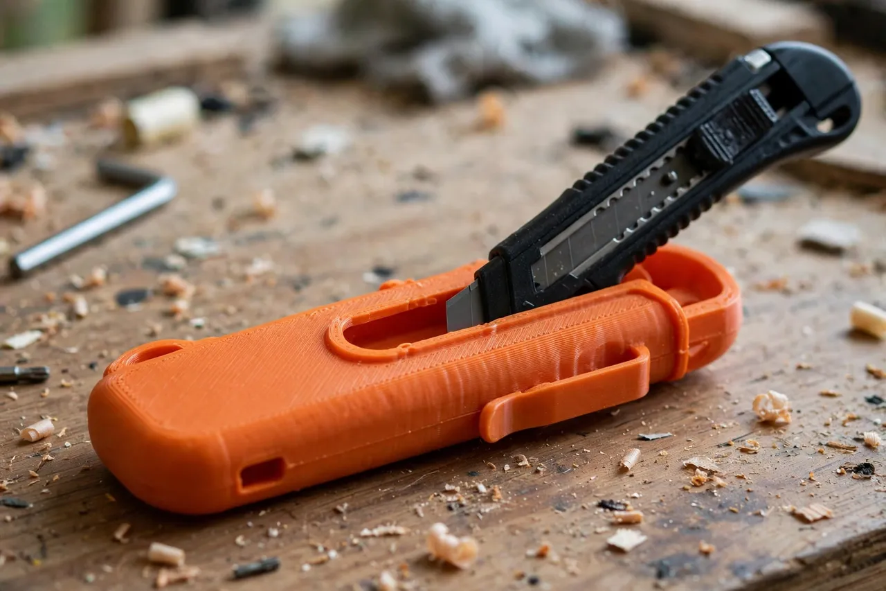 Close-up of a 3D printed utility knife sheath in matte orange plastic, its open slot showing a retracted utility knife sliding in