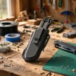 A home workshop workbench with a charcoal-gray 3D printed utility knife sheath holding a retracted utility knife