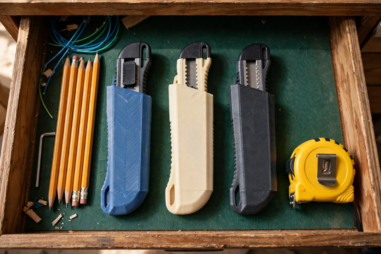 A tidy workshop drawer with three 3D printed utility knife sheaths in a row holding retracted utility knives