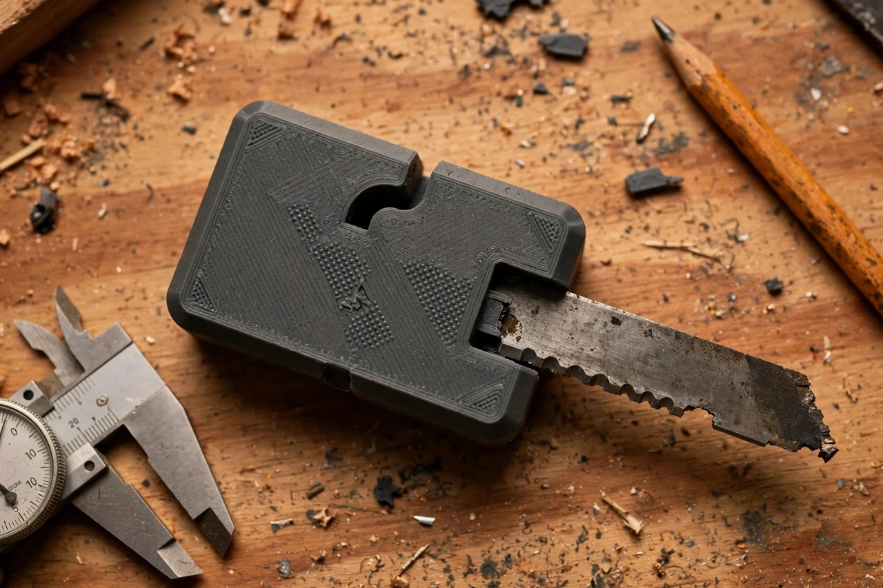 Close-up top-down view of a matte charcoal-gray 3D printed utility knife snap-off blade breaker being test-fitted against a snap-off utility blade at the end of its useful life on a workbench, calipers and a pencil nearby, warm workshop lighting