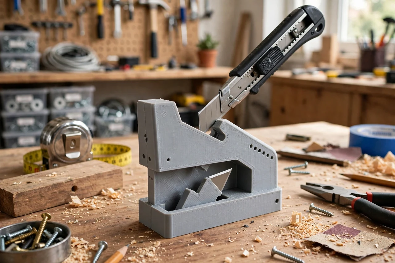 View of the finished 3D printed utility knife snap-off blade breaker in use on a home repair project on a workbench, tidy workshop background in soft focus, bright natural light