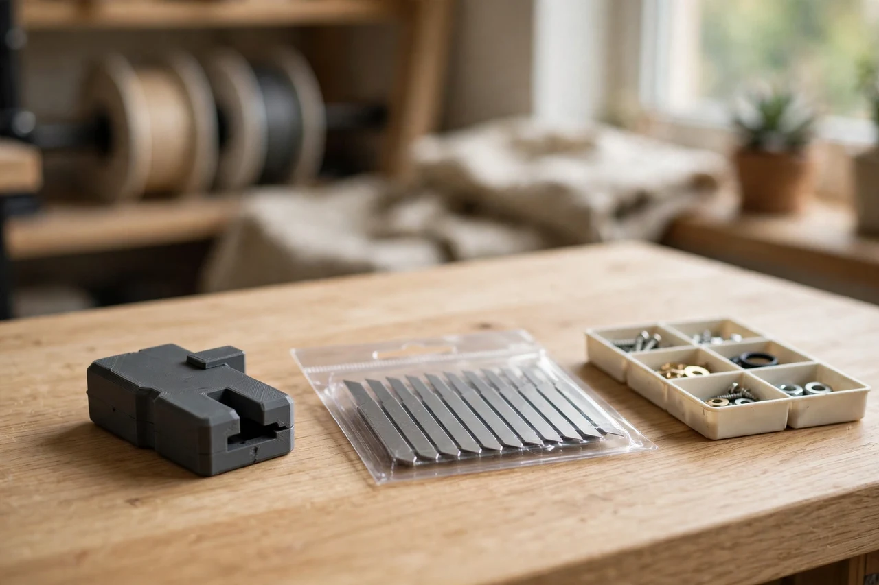 Home workshop scene on a light oak workbench, a matte charcoal-gray 3D printed utility knife snap-off blade breaker beside a fresh blade pack and a small parts tray, soft natural window light, shallow depth of field