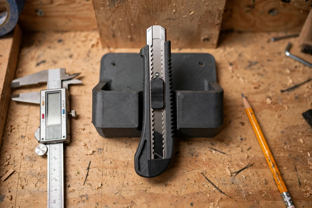 Close-up top-down view of a matte charcoal-gray 3D printed utility knife wall dock being test-fitted against a utility knife hung safely on the workshop wall on a workbench, calipers and a pencil nearby, warm workshop lighting