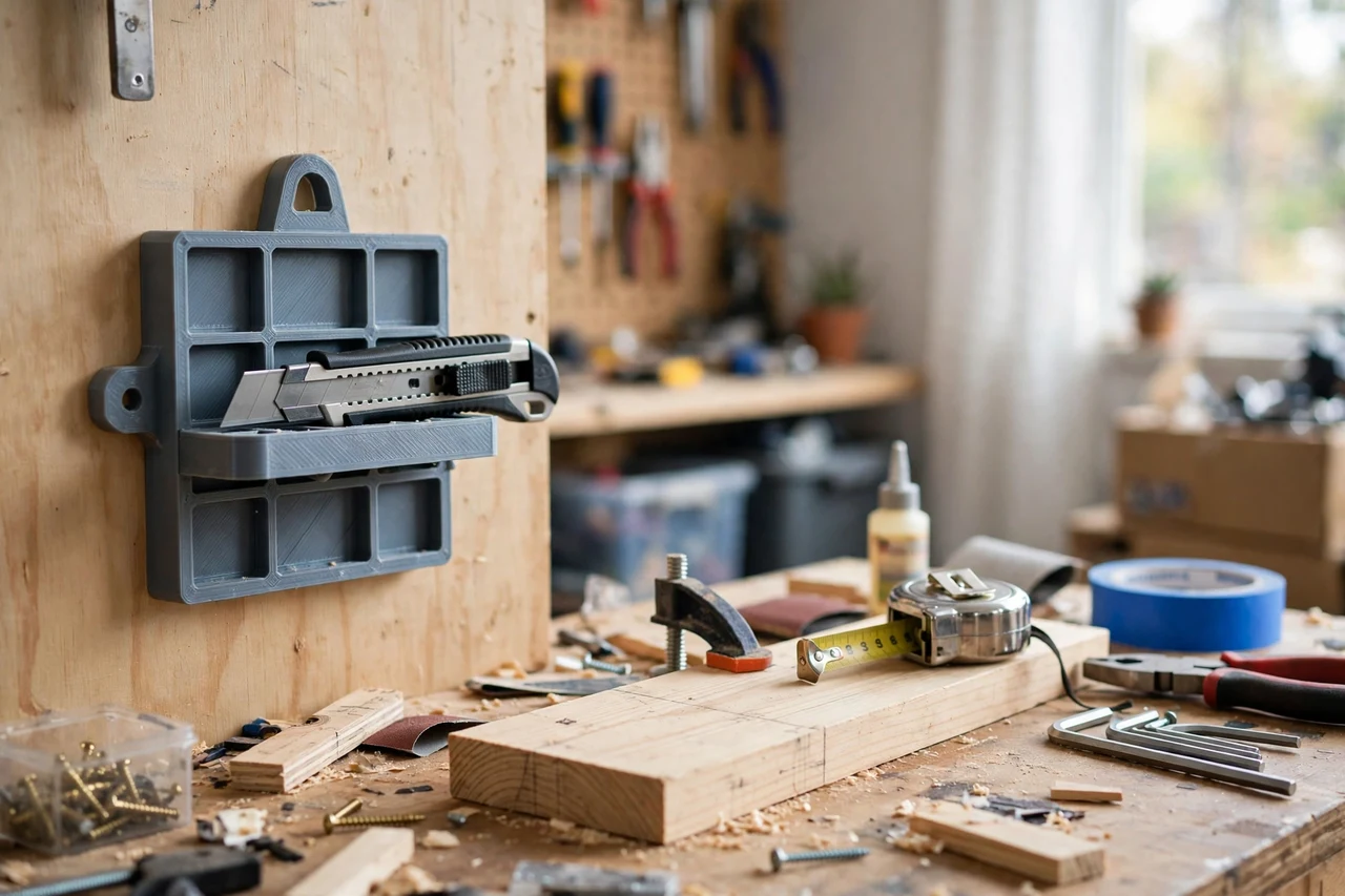 View of the finished 3D printed utility knife wall dock in use on a home repair project on a workbench, tidy workshop background in soft focus, bright natural light