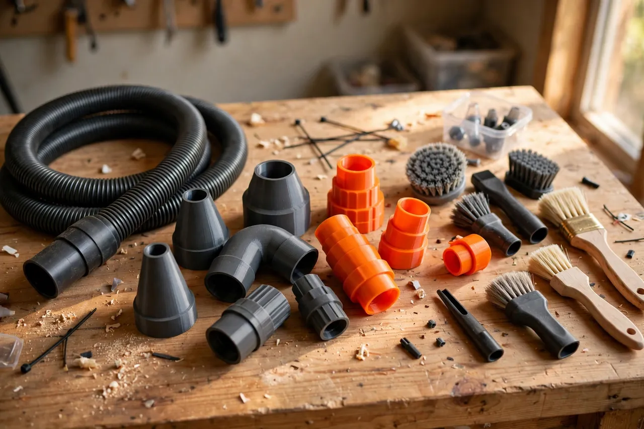 A bright home workshop scene, a set of matte charcoal-gray and bright-orange 3D printed vacuum attachment adapters arranged beside a shop vacuum hose