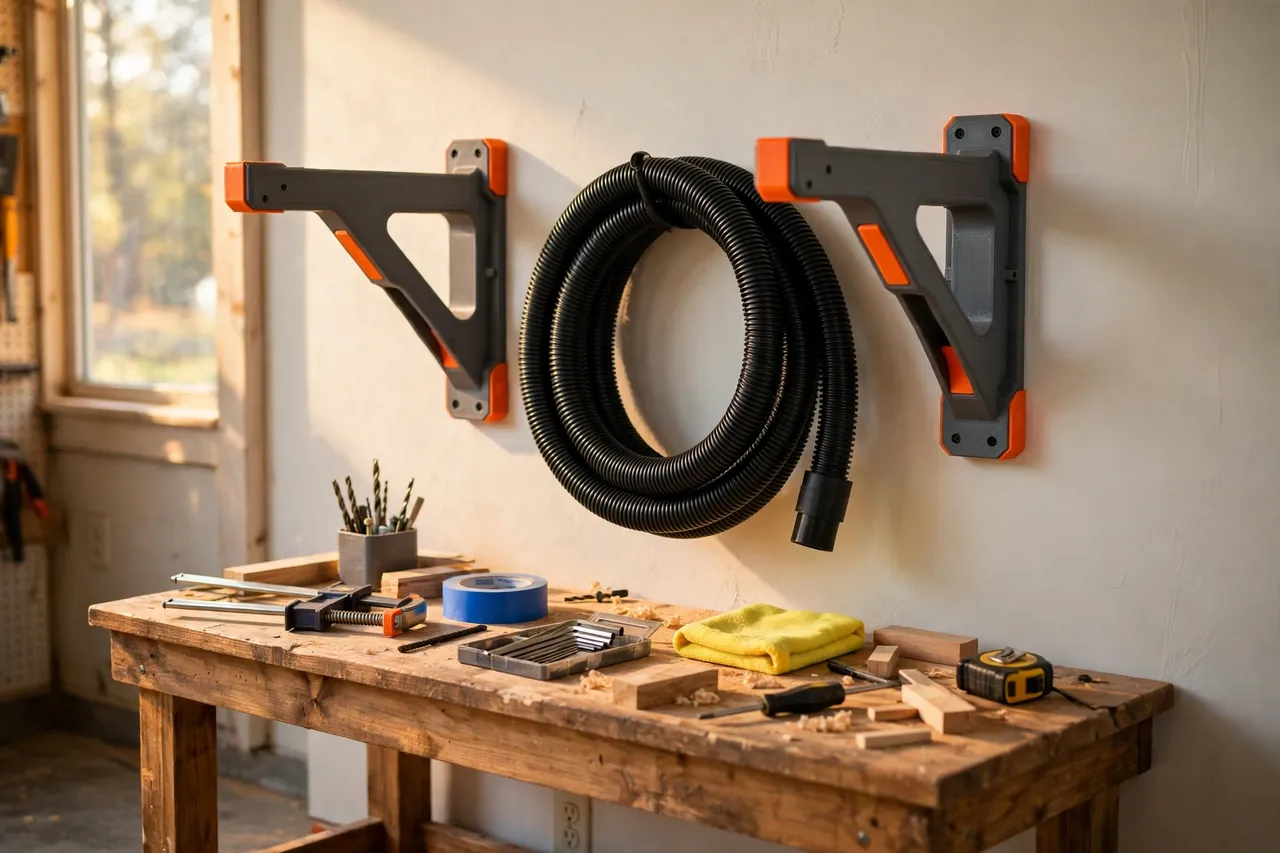 A bright garage workshop scene, a coiled black shop vacuum hose hanging neatly in two matte charcoal-gray 3D printed wall brackets mounted on a light