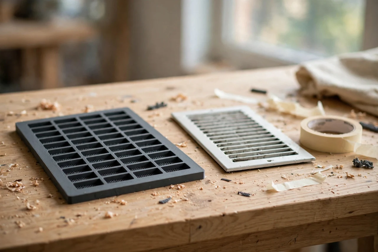 Home workshop scene on a light oak workbench, a matte charcoal-gray 3D printed vent cover painting mask beside a vent cover and masking tape, soft natural window light, shallow depth of field