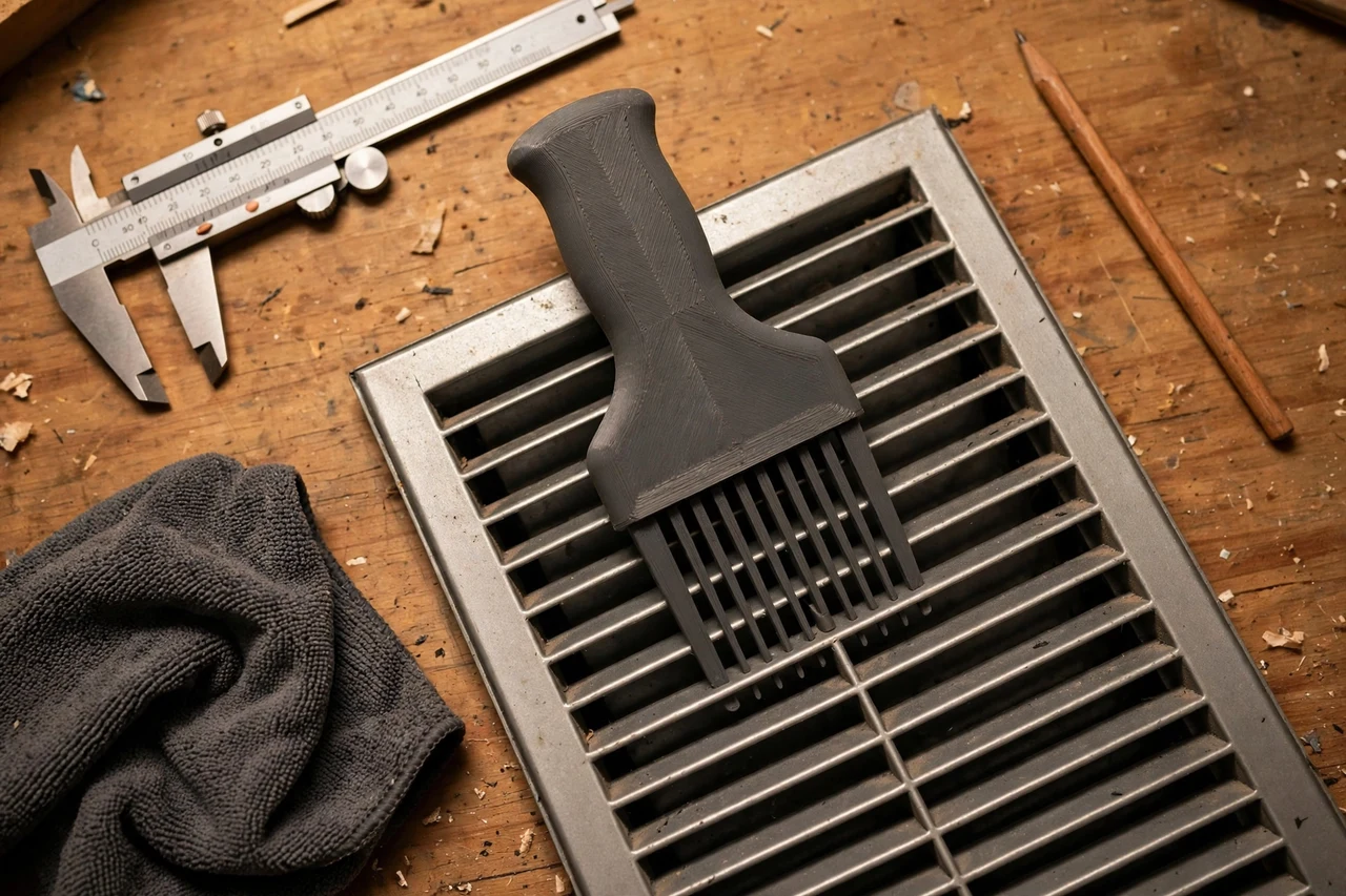 Close-up top-down view of a matte charcoal-gray 3D printed vent louver cleaning handle being test-fitted against vent louvers and a cleaning cloth on a workbench, calipers and a pencil nearby, warm workshop lighting