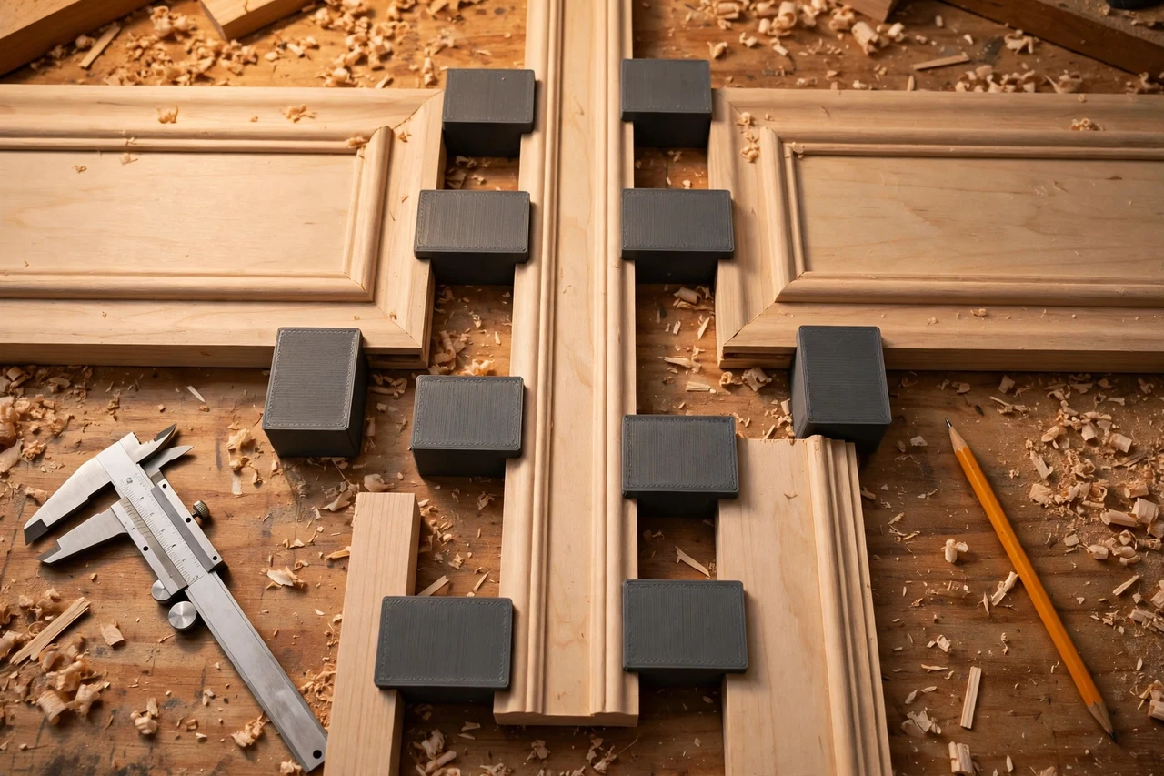 Close-up top-down view of a matte charcoal-gray 3D printed wainscot panel spacing blocks being test-fitted against wainscot panels and stiles on a workbench, calipers and a pencil nearby, warm workshop lighting