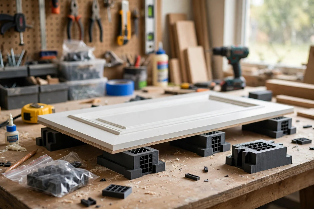 View of the finished 3D printed wainscot panel spacing blocks in use on a home improvement project on a workbench, tidy workshop background in soft focus, bright natural light