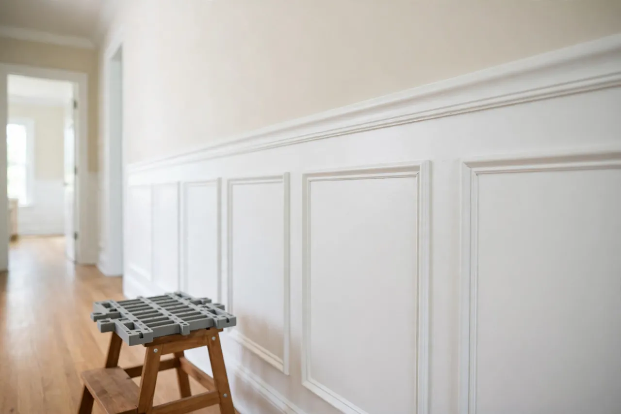 A finished hallway wall with evenly spaced white wainscot panels and a chair rail running level above them