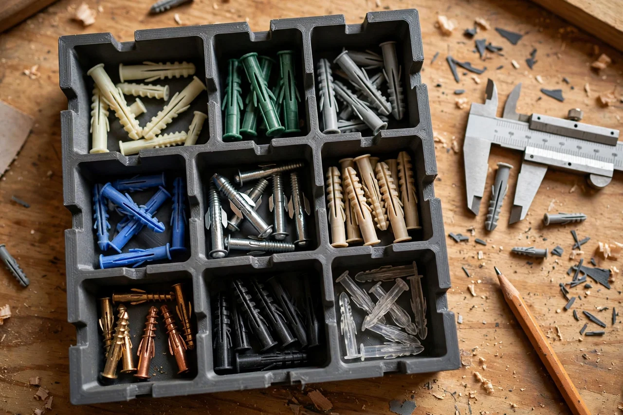 Close-up top-down view of a matte charcoal-gray 3D printed wall anchor assortment bin being test-fitted with wall anchors by type on a workbench, calipers and a pencil nearby, warm workshop lighting