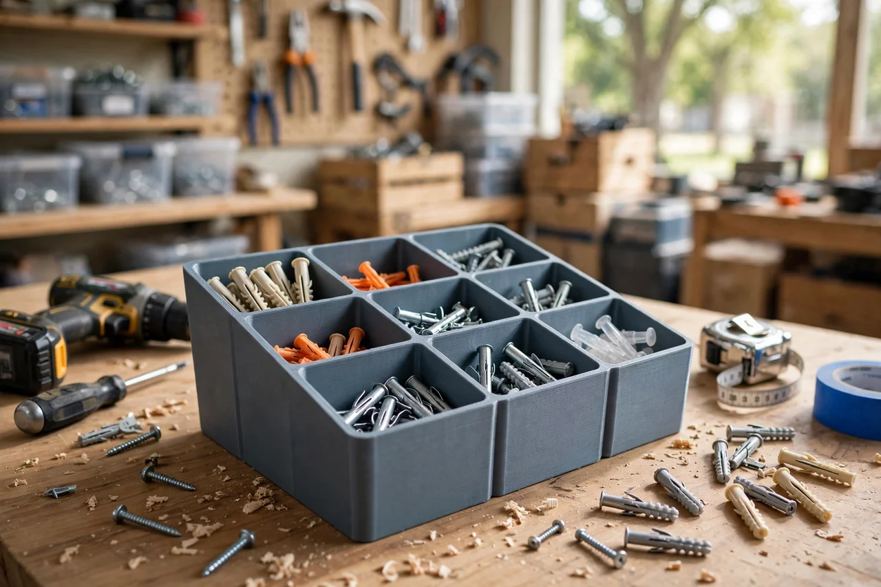 View of the finished 3D printed wall anchor assortment bin in use during a home repair tidy-up on a workbench, tidy workshop background in soft focus, bright natural light