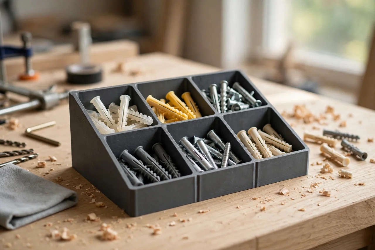 Home workshop scene on a light oak workbench, a matte charcoal-gray 3D printed wall anchor assortment bin holding wall anchors by type, soft natural window light, shallow depth of field