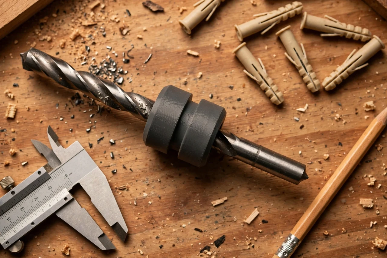 Close-up top-down view of a matte charcoal-gray 3D printed wall anchor depth stop being test-fitted against wall anchors and a drill bit on a workbench, calipers and a pencil nearby, warm workshop lighting
