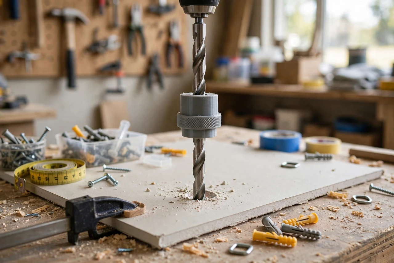 View of the finished 3D printed wall anchor depth stop in use on a home improvement project on a workbench, tidy workshop background in soft focus, bright natural light