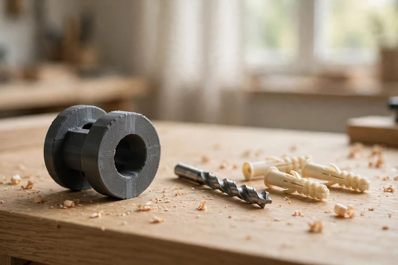 Home workshop scene on a light oak workbench, a matte charcoal-gray 3D printed wall anchor depth stop beside a drill bit and wall anchors, soft natural window light, shallow depth of field