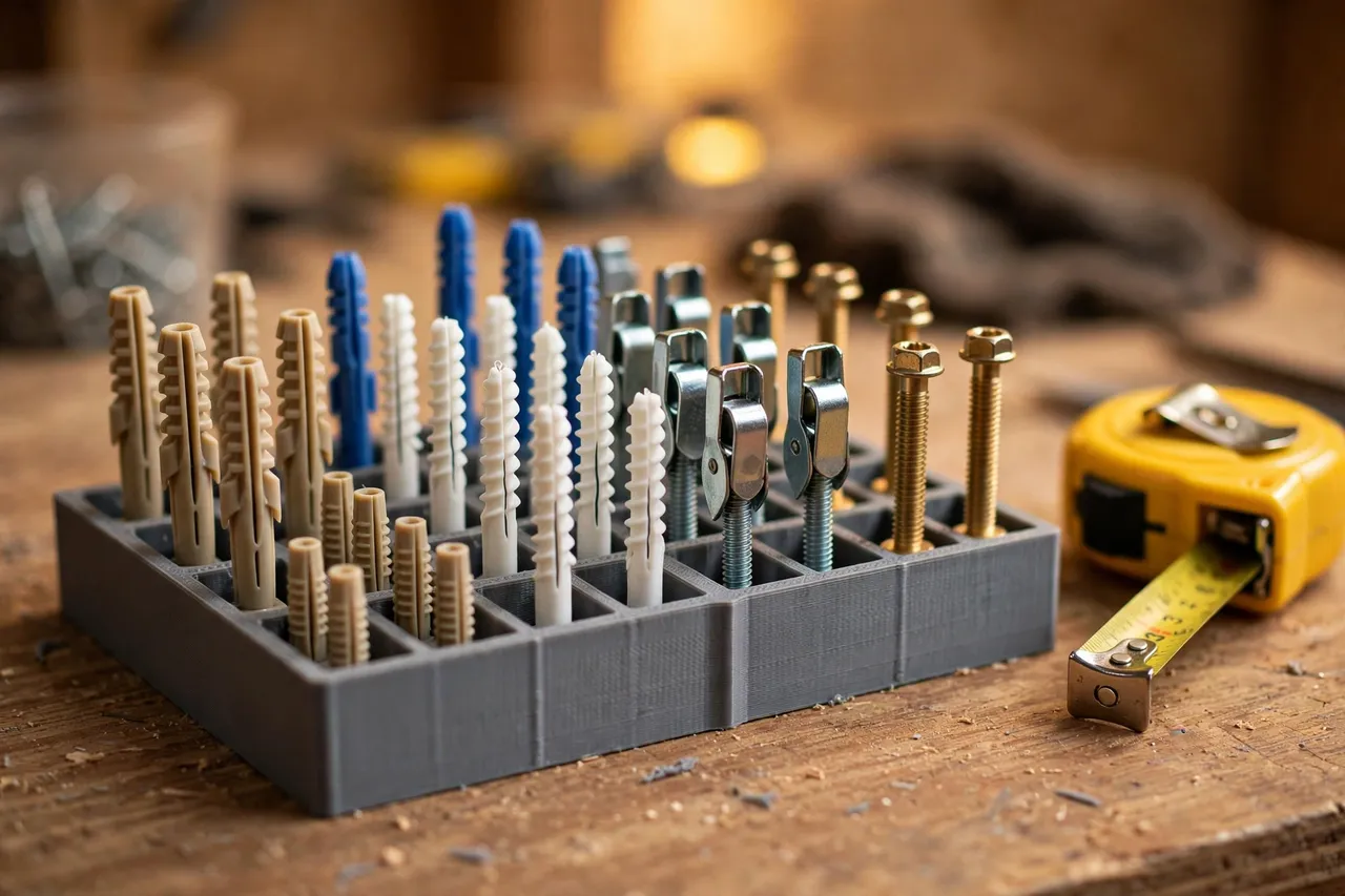 Close-up view of a 3D printed wall anchor organizer with upright compartments showing different anchor types standing visibly in rows, a tape measure