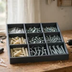 A bright home workshop workbench with a matte charcoal-gray 3D printed organizer holding rows of plastic wall anchors, toggle bolts