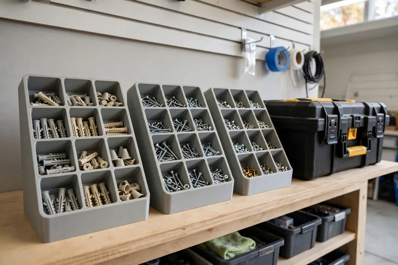 A tidy workshop shelf where matching 3D printed organizers hold wall anchors, screws