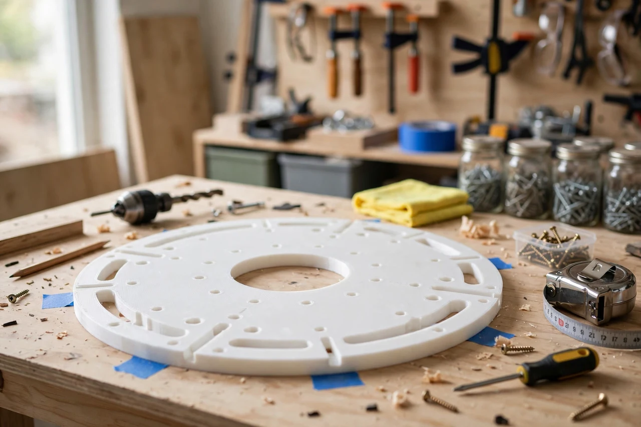 View of the finished 3D printed wall clock mounting template in use on a home improvement project on a workbench, tidy workshop background in soft focus, bright natural light